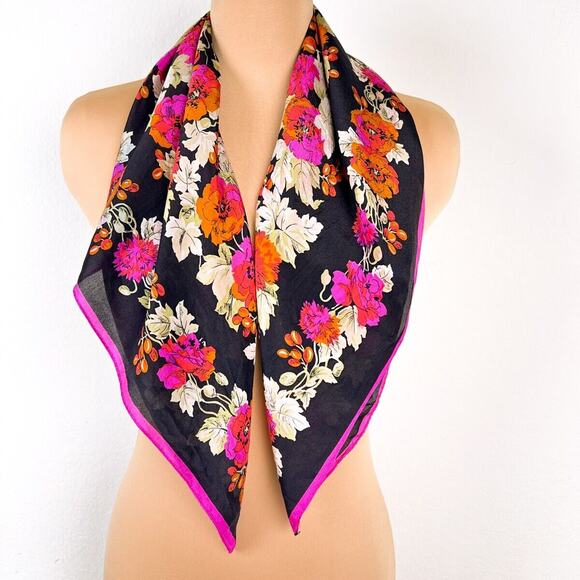 Scarf Womens Classy Fashion Pink Black Floral Chic Silky Polyester 30" Square - Picture 3 of 10